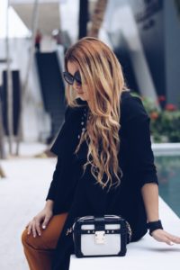 Black-Duster-Coat-Polka-Dots-See-Through-Black-and-White-Blouse-Mustard-Pants-Oh-Lola-Blog-Fall-Trends-Kimberly-Pfaehle-Miami-Fahion-Blogger-Desing-Distric