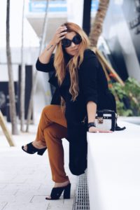 Black-Duster-Coat-Polka-Dots-See-Through-Black-and-White-Blouse-Mustard-Pants-Oh-Lola-Blog-Fall-Trends-Kimberly-Pfaehle-Miami-Fahion-Blogger-Desing-Distric