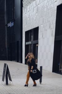 Black-Duster-Coat-Polka-Dots-See-Through-Black-and-White-Blouse-Mustard-Pants-Oh-Lola-Blog-Fall-Trends-Kimberly-Pfaehle-Miami-Fahion-Blogger-Desing-Distric