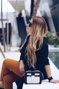Black-Duster-Coat-Polka-Dots-See-Through-Black-and-White-Blouse-Mustard-Pants-Oh-Lola-Blog-Fall-Trends-Kimberly-Pfaehle-Miami-Fahion-Blogger-Desing-Distric