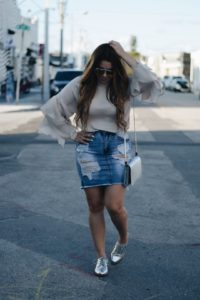 ruffled-satin-blouse-denim-skirt-oxford-metallic-shoes-miami-fashion-blogger-kimberly-pfaehler-mommy-blogger-mom-fashion