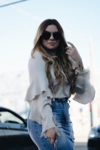 ruffled-satin-blouse-denim-skirt-oxford-metallic-shoes-miami-fashion-blogger-kimberly-pfaehler-mommy-blogger-mom-fashion